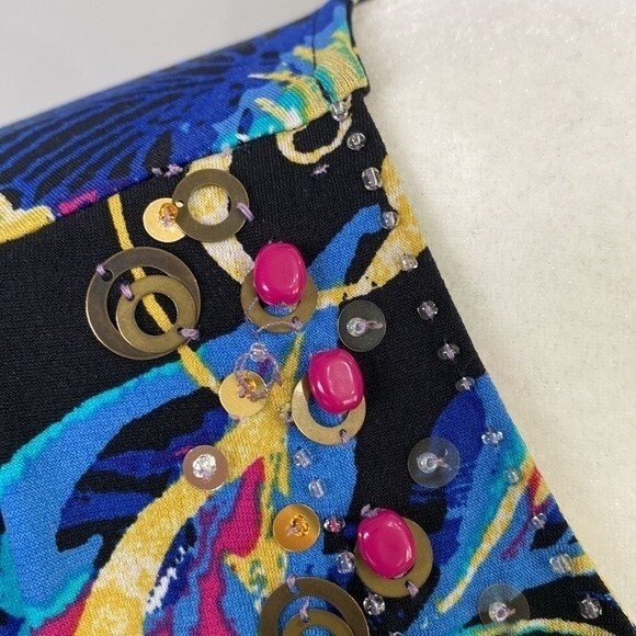 Style & Co Beaded Tunic Top Multicolored Leaves Print 3/4 Sleeve V-Neck Stretchy - Picture 4 of 16